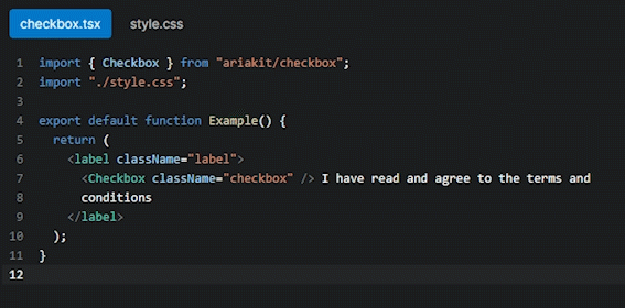An animated GIF displaying Ariakit's checkbox component's source code